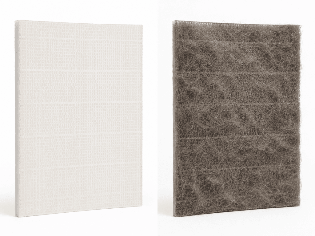 A clean filter compared to a filter clogged with pet hair after 4 weeks of use.
