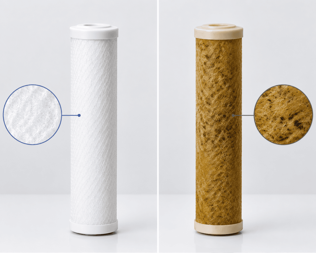 A comparison of old and new sedimentation filters visually demonstrates the degree of contamination