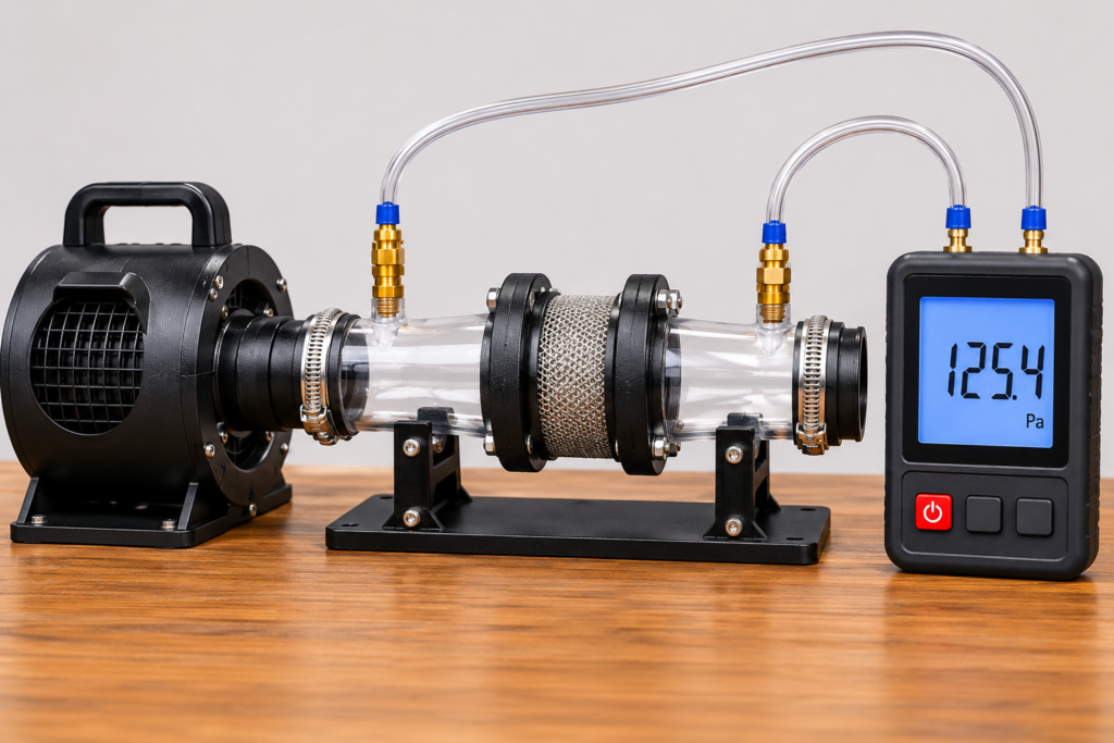 Airflow restriction test setup with digital manometer