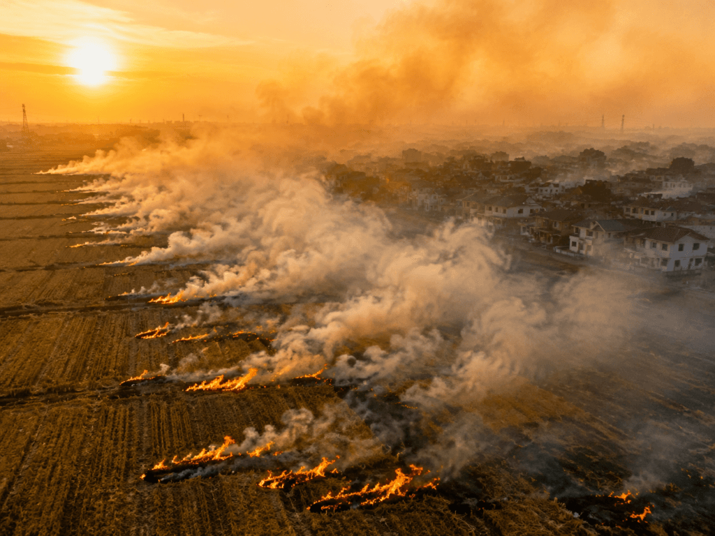 How do air filters remove smoke from burning straw?