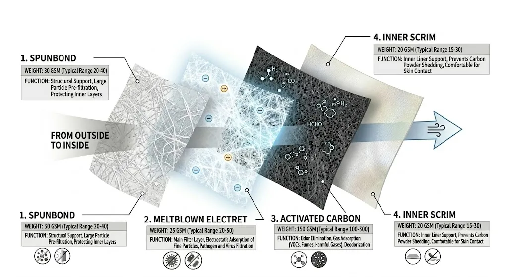 Automotive cabin air filter multi-layer media construction including activated carbon and electret layer