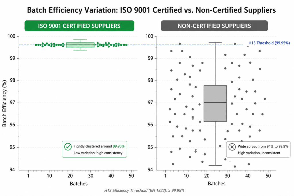 Scatter plots and box plots compared the batch efficiency consistency of ISO 9001 certified and uncertified HEPA filter suppliers. Certified manufacturers consistently achieved filtration efficiencies close to 99.95% as required by the EN 1822 H13 standard, while uncertified suppliers exhibited significant batch-to-batch variations, ranging from 94% to 99.9%.