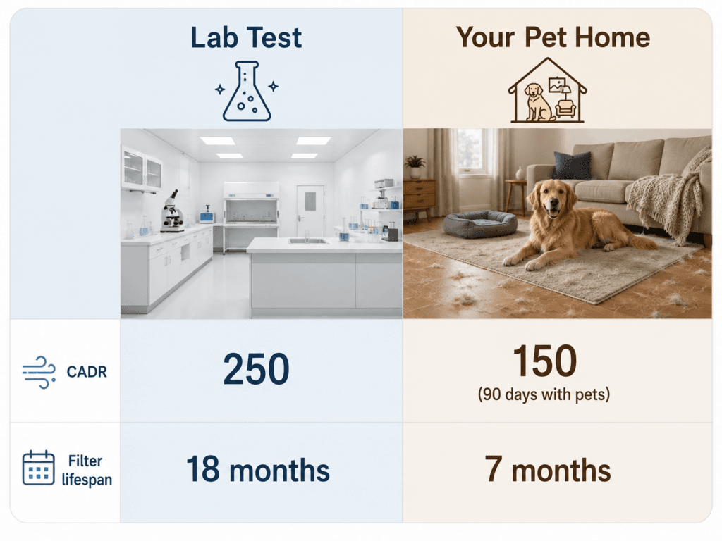 CADR rating in lab conditions vs real pet home performance comparison infographic