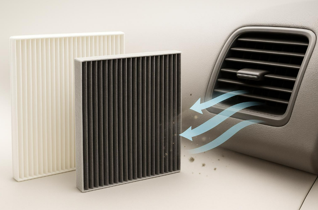 Cabin air filter element with particulate and activated carbon layers