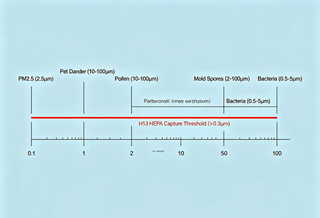 Clean infographic — particle size scale from 0.1 to 100 microns showing where PM2.5, pet dander, pollen, mold spores, and bacteria sit, all labeled against the H13 HEPA capture threshold line