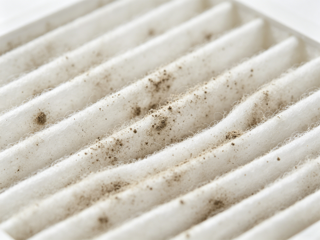 HEPA vacuum filter showing clogged fiber layer from dust buildup.