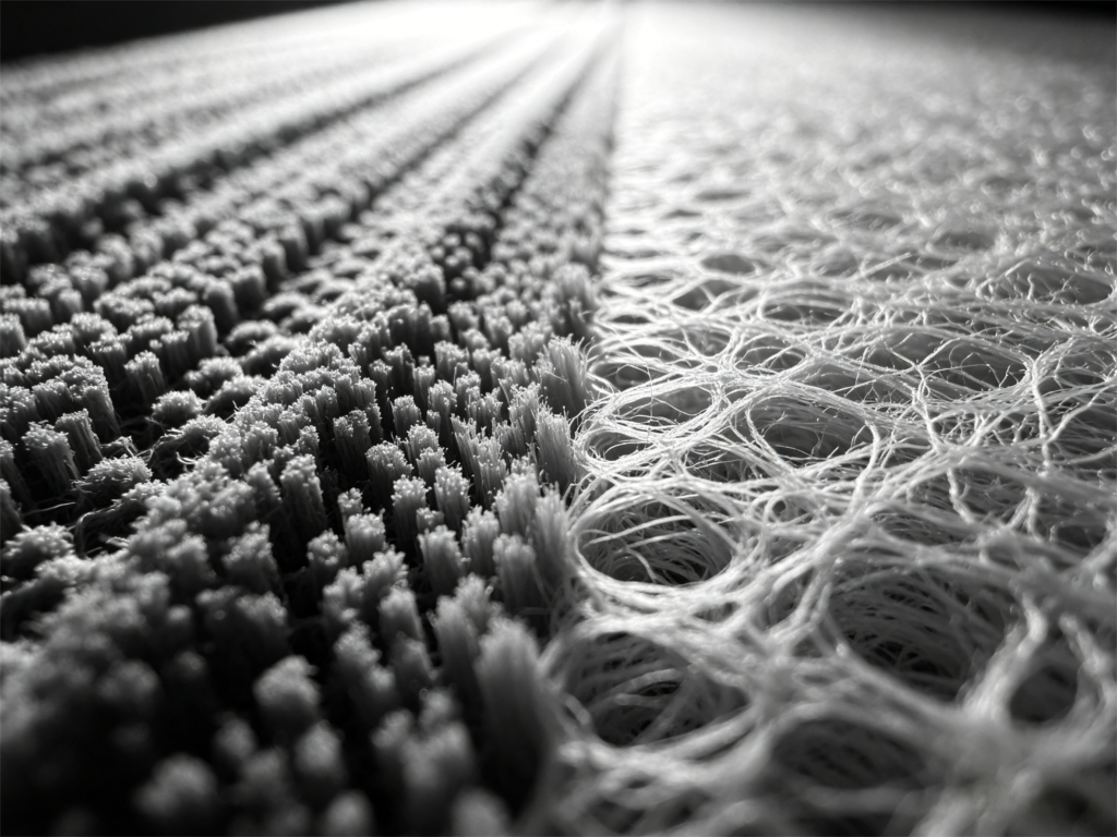 Крупный план структуры волокон HEPA-фильтра, показывающий плотные сцепленные волокна - образование фильтра HIFINE