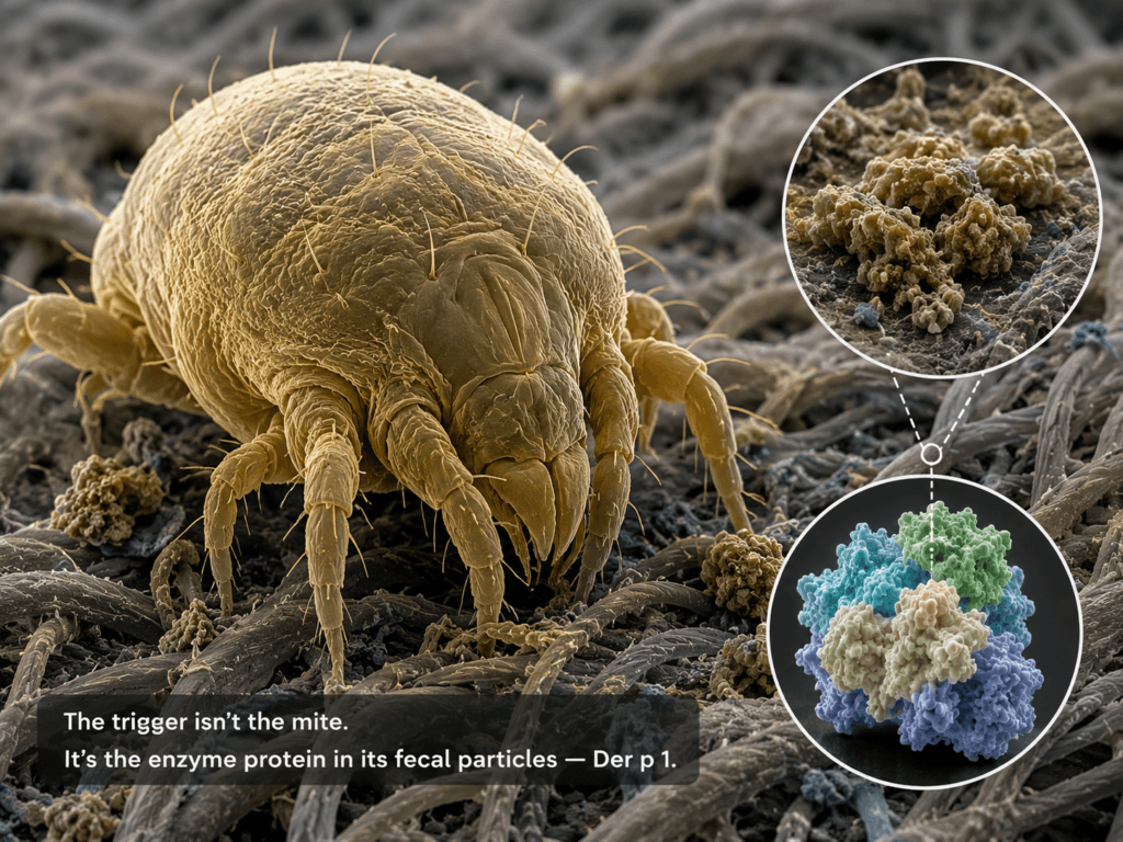 Colorized electron microscope image of a dust mite showing allergen-containing fecal particles and Der p 1 protein