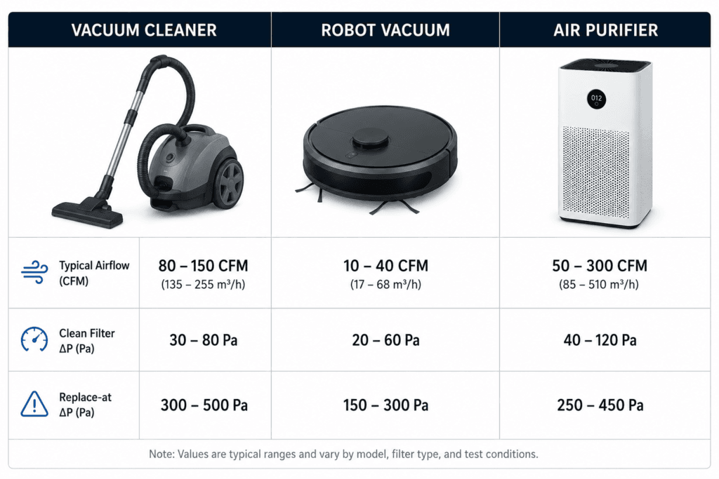 Comparison of HEPA filter pressure drop ranges for vacuum cleaner, robot vacuum, and air purifier