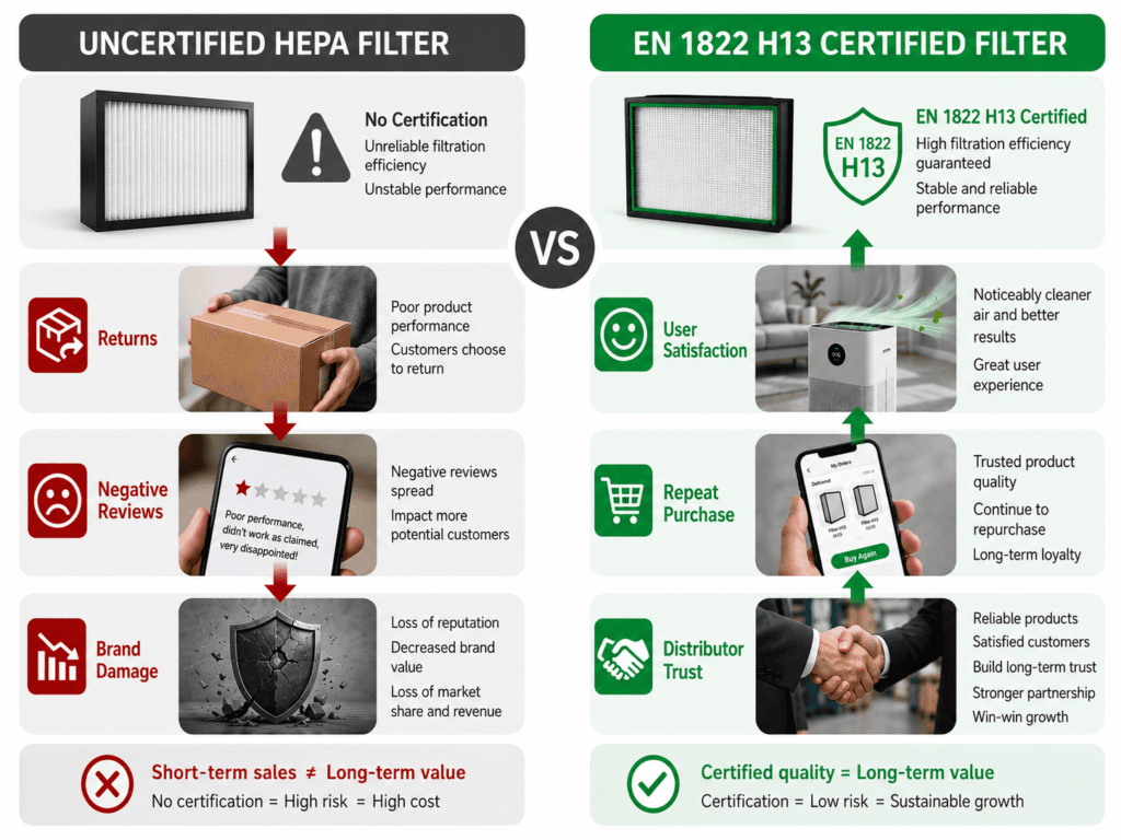 Comparison of users of uncertified HEPA filter media and EN 1822 H13 certified filter media