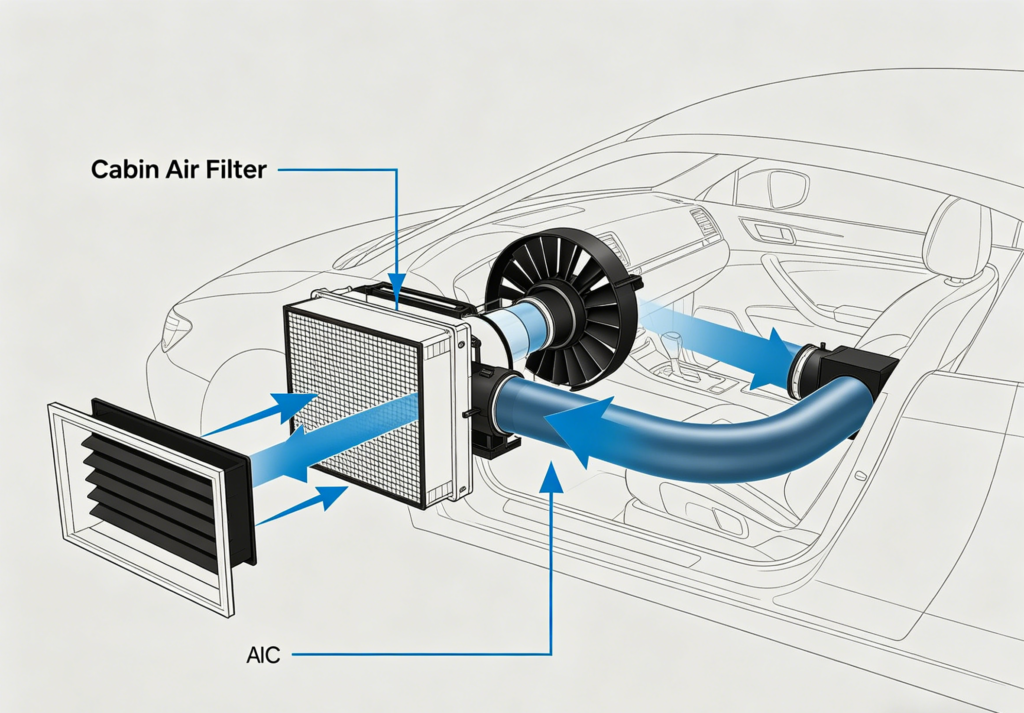 Cross-sectional view of automotive air conditioning system