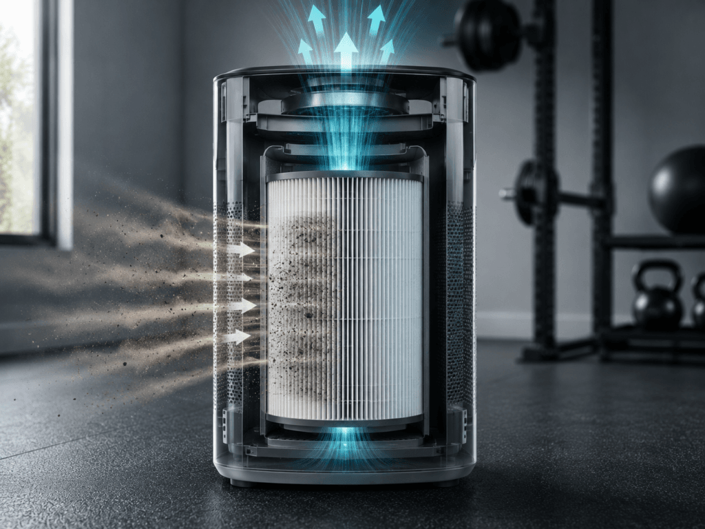 Cutaway view of an air purifier showing an H13 HEPA filter trapping airborne particles in a home gym
