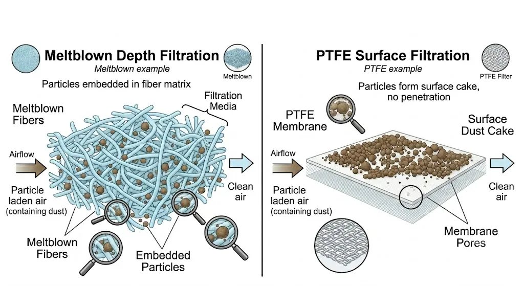 Depth filtration in meltblown vacuum filter media vs surface filtration in PTFE membrane