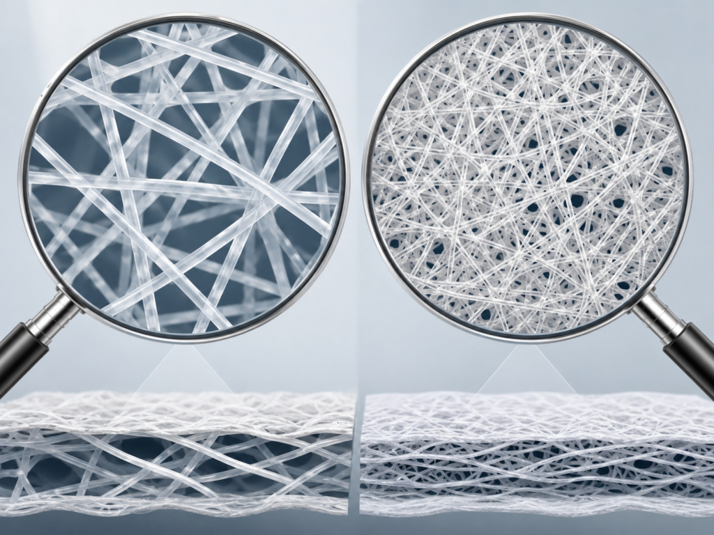 Diagram comparing fine vs coarse fiber density in HEPA media
