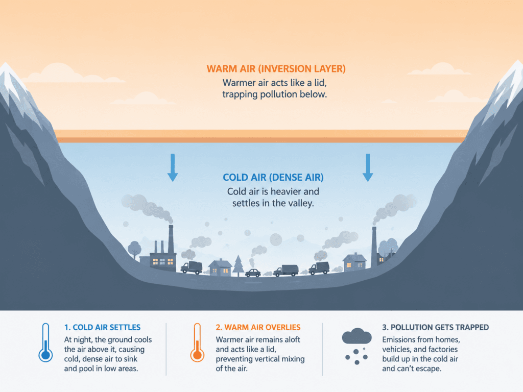 Diagram of a temperature inversion trapping vehicle, wood smoke, and agricultural emissions inside a mountain valley