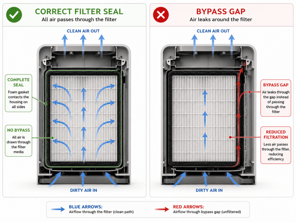 Diagram showing correct filter seal versus bypass gap inside an air purifier housing
