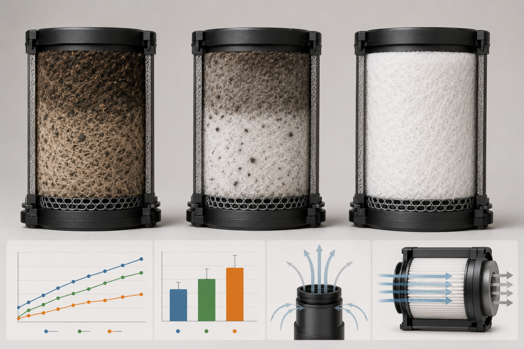 Filter media cross-section showing loaded vs fresh fiber layer