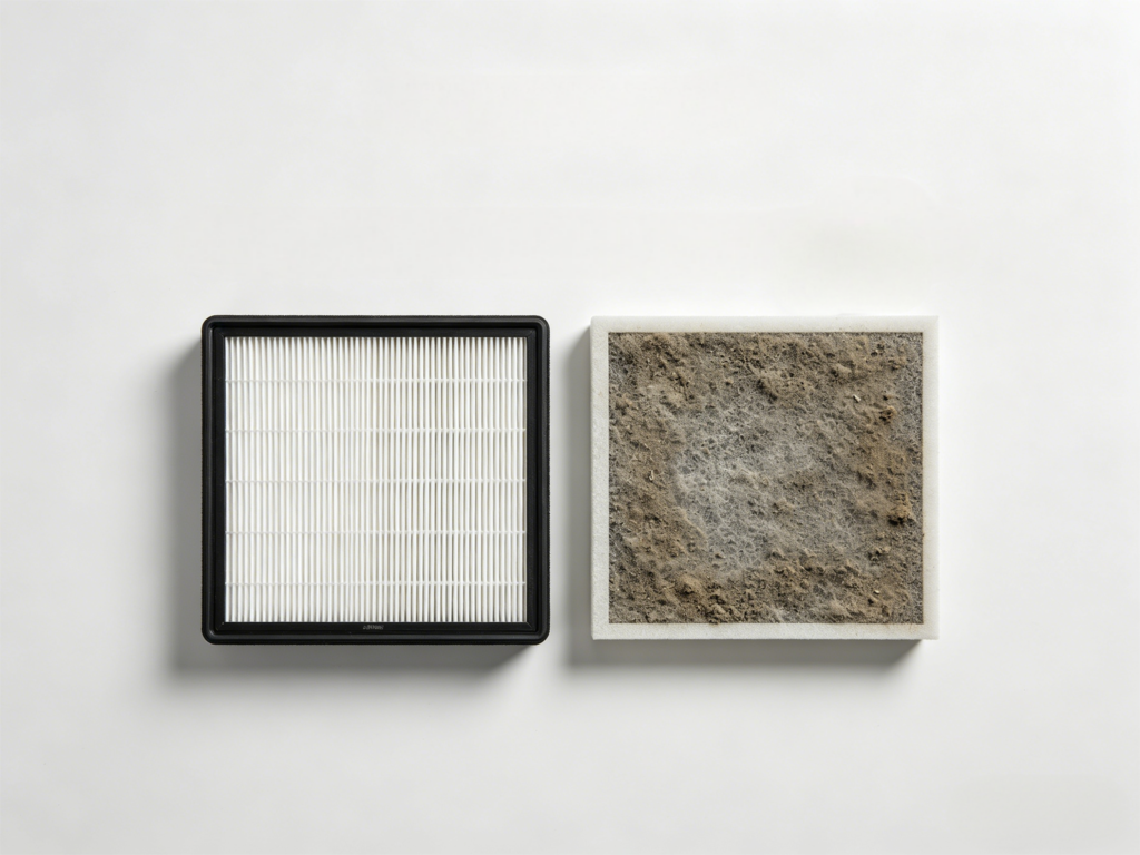 HIFINE vacuum filter maintenance flat lay — clean vs. dirty comparison