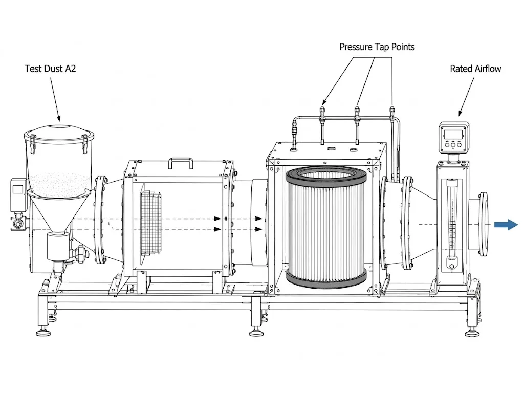 ISO 5011 test rig schematic for automotive inlet air cleaning equipment