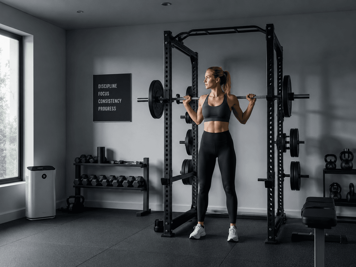 Modern home gym with a young woman lifting weights and a floor-standing air purifier