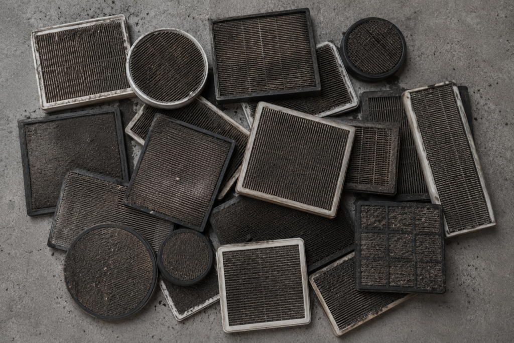 Multiple used HEPA filters of different sizes and shapes piled together