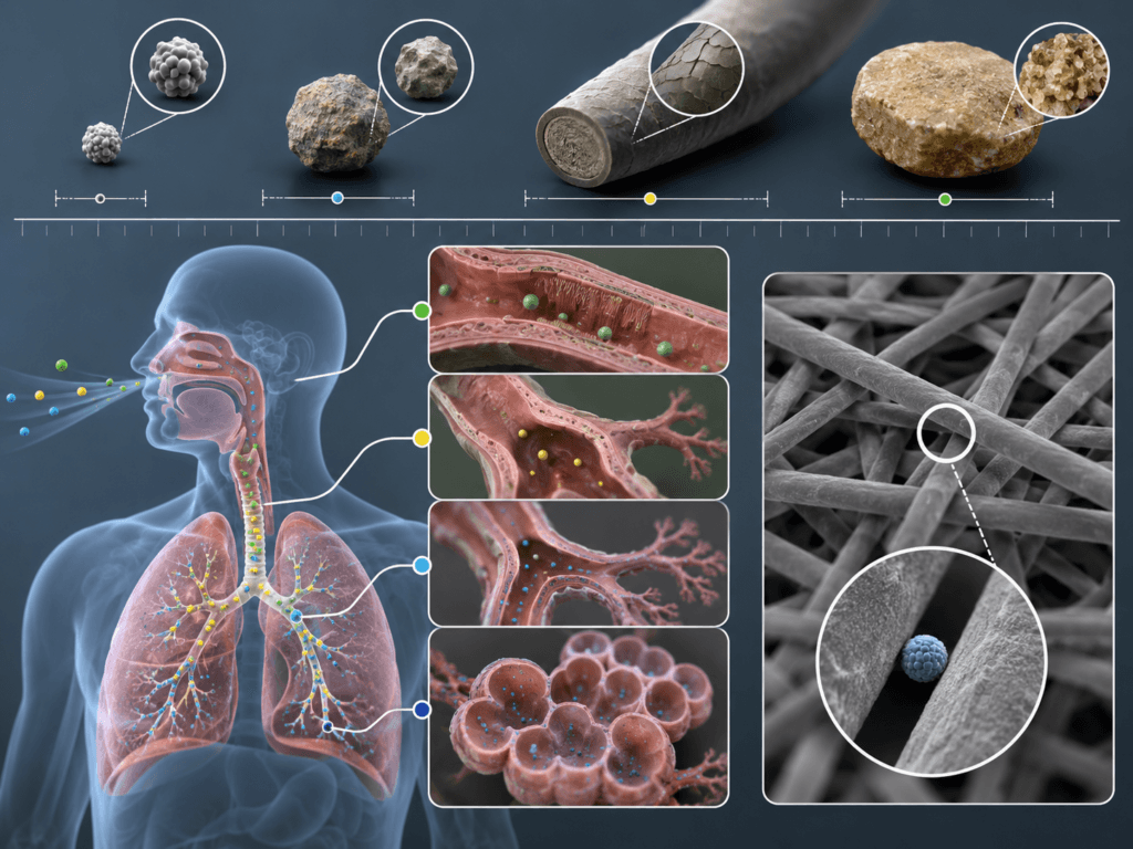 PM2.5 particle size comparison showing lung penetration depth and H13 HEPA filter fiber structure