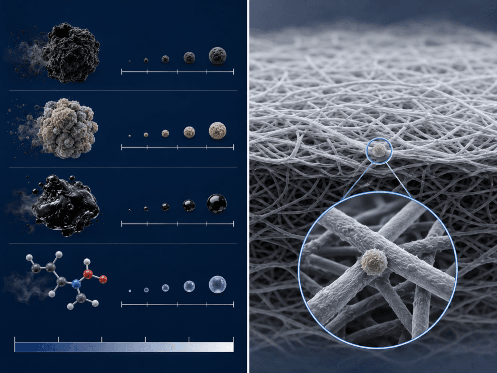 Scientific diagram comparing PM2.5 smoke particle types from straw burning—including black carbon, PAH compounds, and tar aerosols—against H13 HEPA filter fiber cross-section showing sub-micron particle capture at 0.3 microns