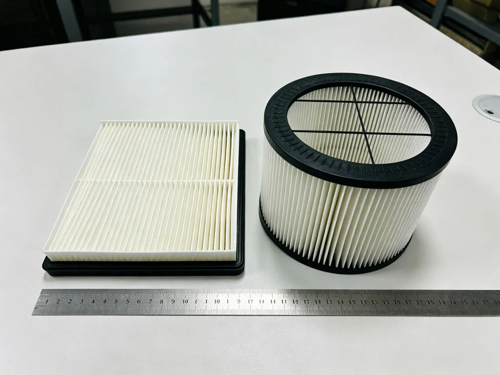 Side-by-side comparison of two HEPA filter cartridges with different pleat densities