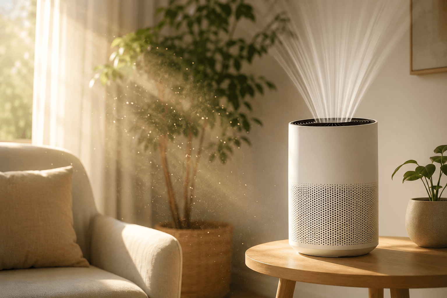 The air purifier was placed on the side table.