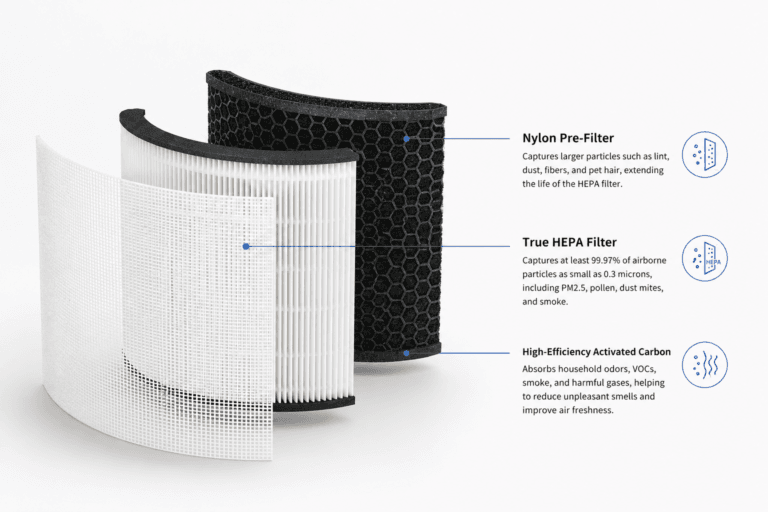 L'élément filtrant se compose d'un préfiltre en nylon, d'un filtre principal HEPA blanc et d'une couche de charbon actif