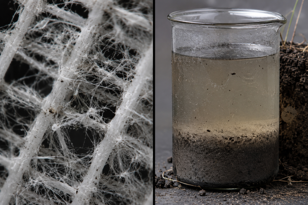 The process of polypropylene HEPA filter fibers breaking down into microplastics is shown alongside an illustration of water pollution