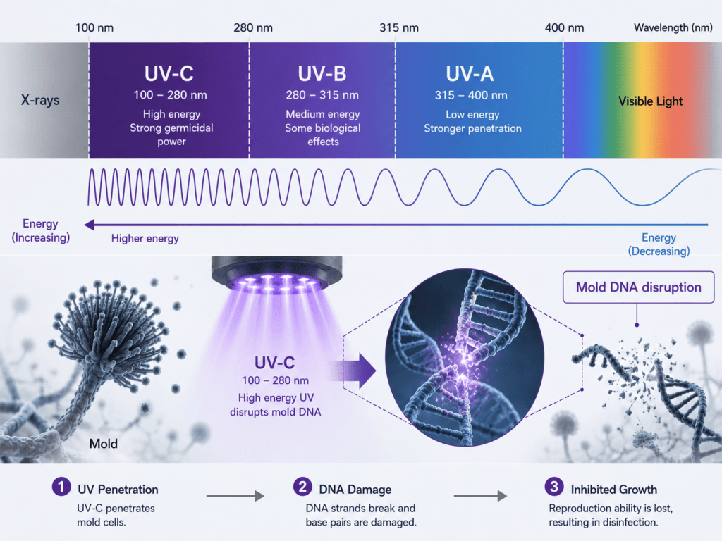 紫外線の波長とカビの胞子のDNA損傷 — UV-A、UV-BとUV-Cの比較