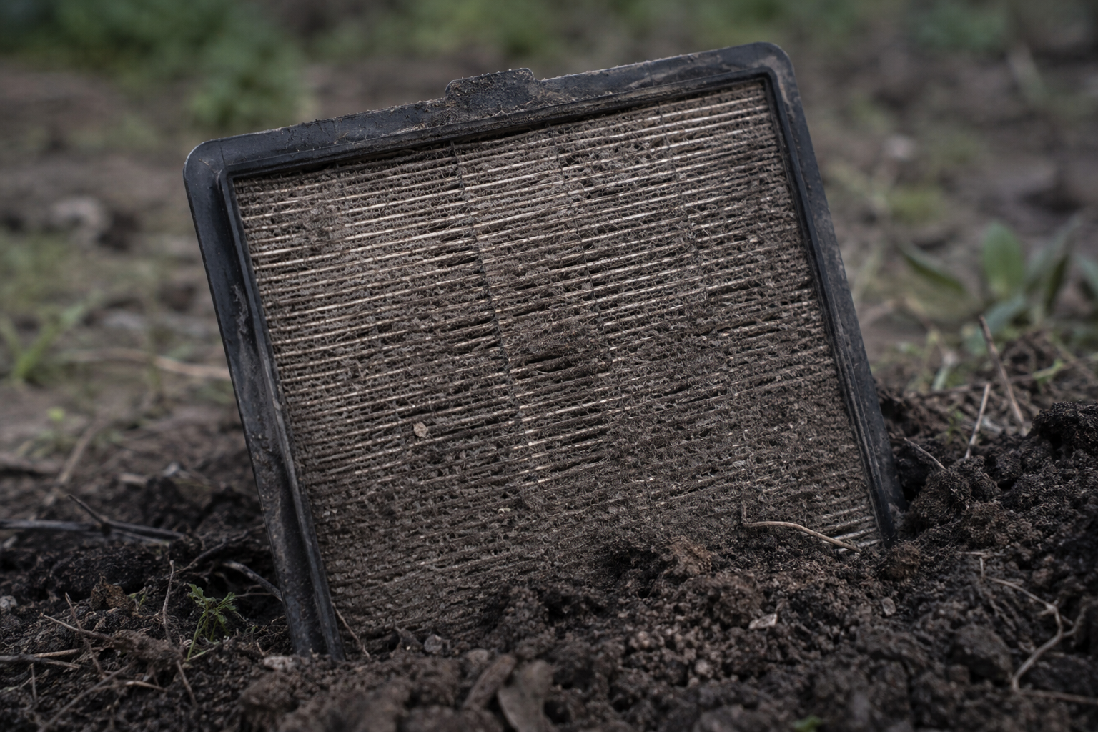 Used HEPA air purifier filters are buried in the soil