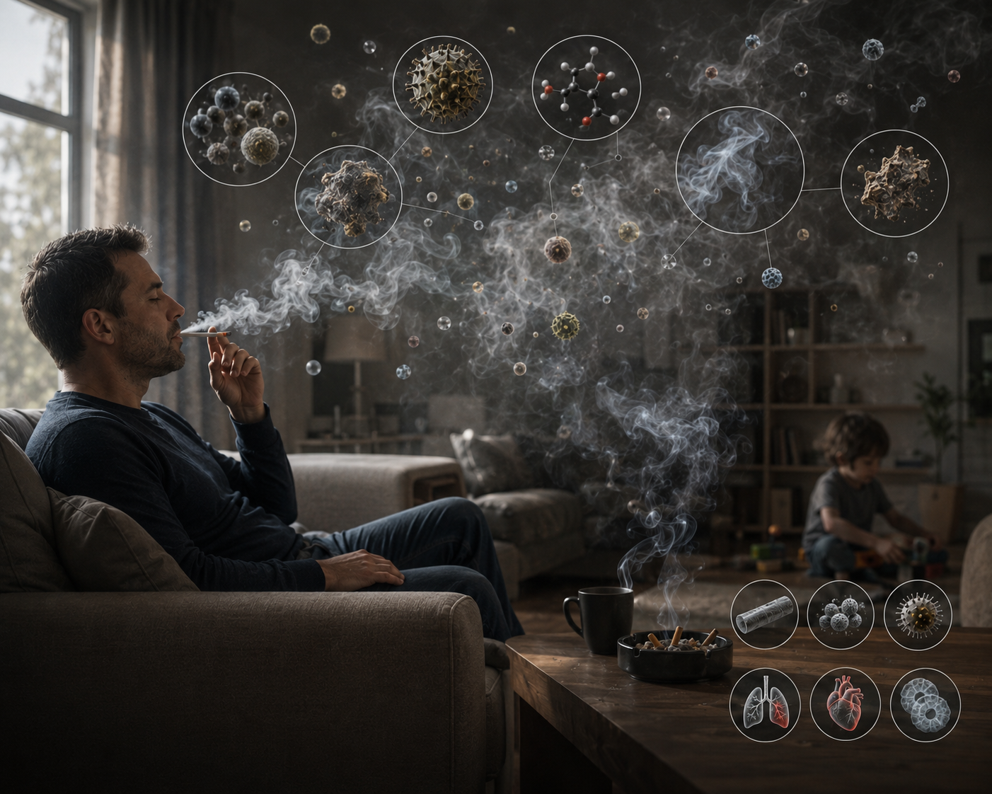 Indoor smoke particles are clearly visible in the sunlight, with the living room environment in the background.