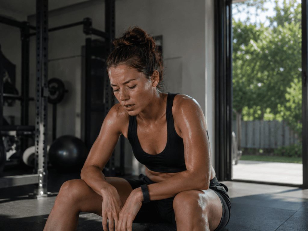Woman recovering after an intense indoor workout in a poorly ventilated home gym